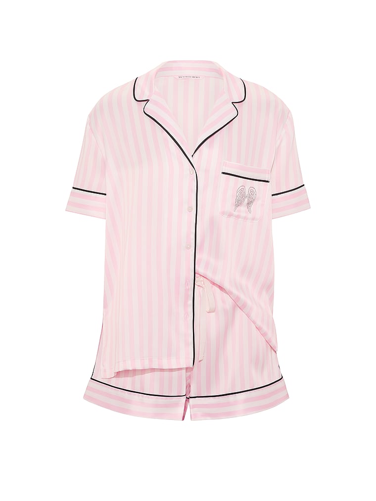 Signature Satin Short Pajama Set - Iconic Pink Stripes