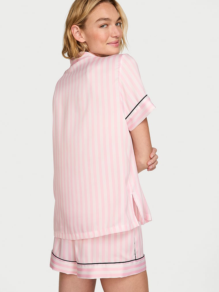 Signature Satin Short Pajama Set - Iconic Pink Stripes