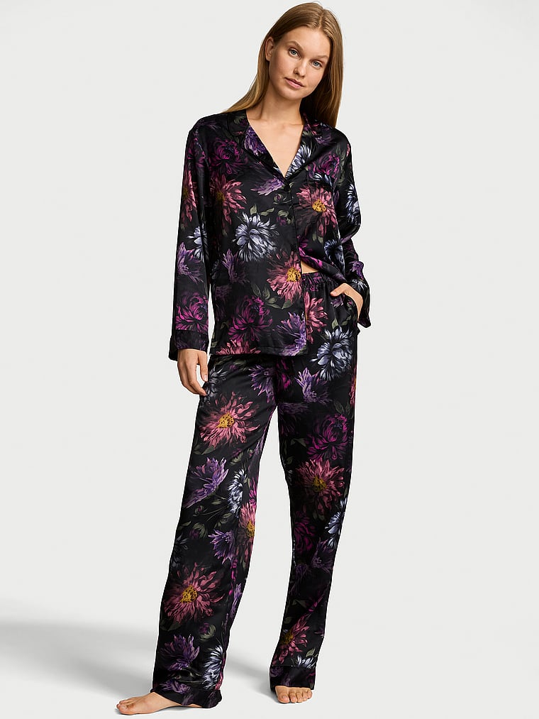 Signature Satin Long Pajama Set - Dark Floral