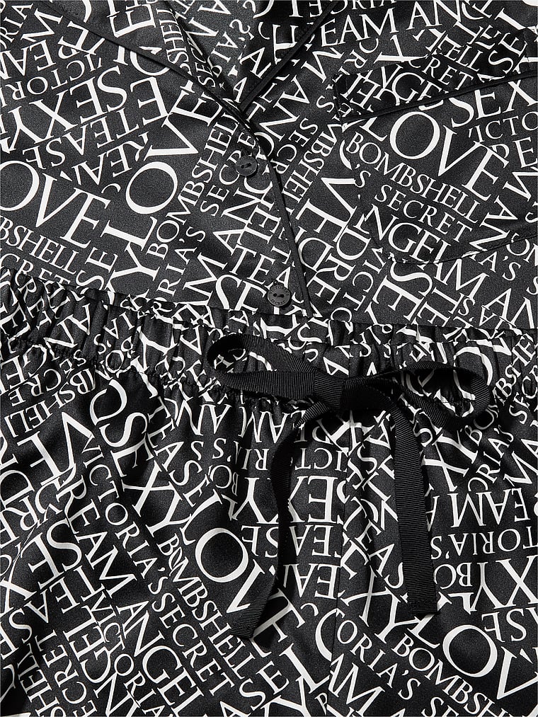 Signature Satin Long Pajama Set - Black & White Newspaper