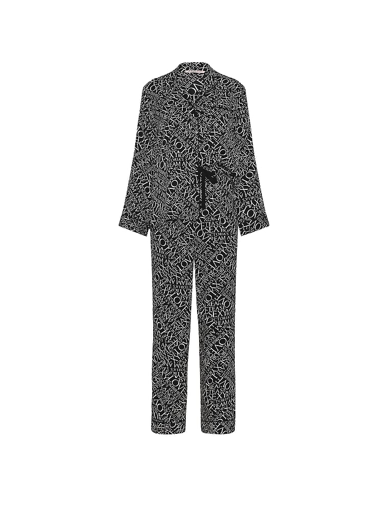 Signature Satin Long Pajama Set - Black & White Newspaper