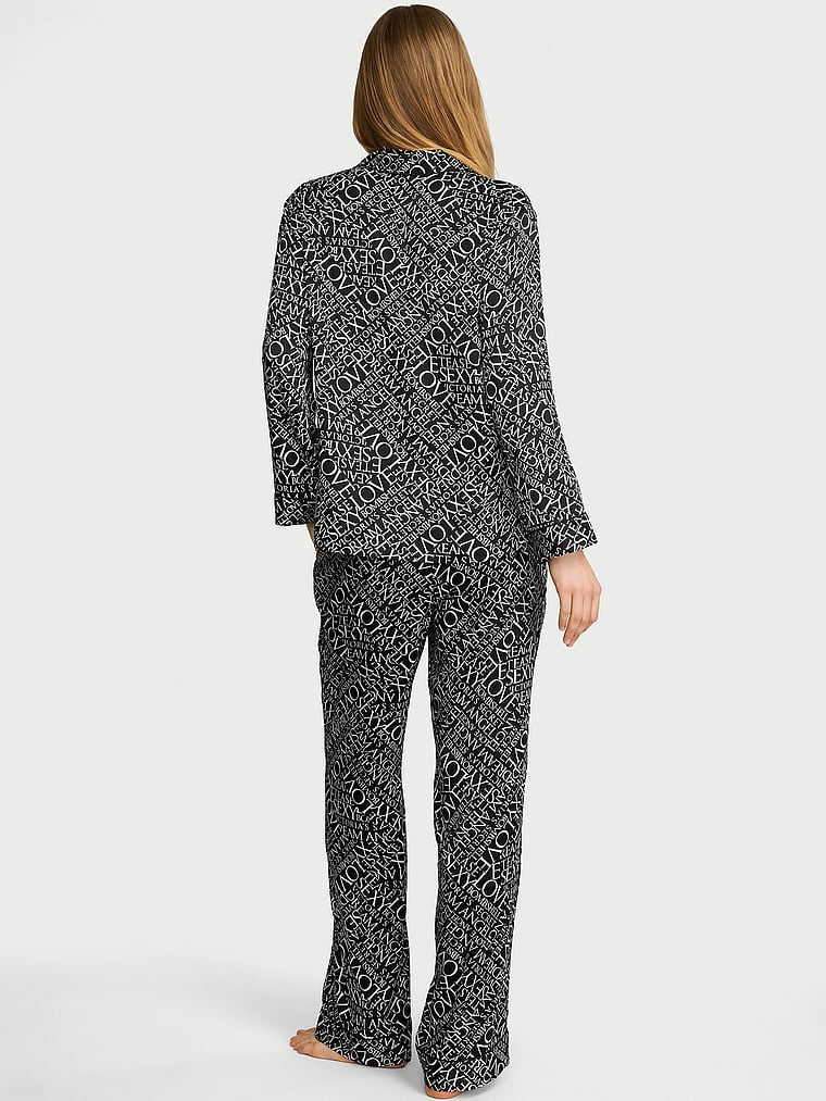 Signature Satin Long Pajama Set - Black & White Newspaper