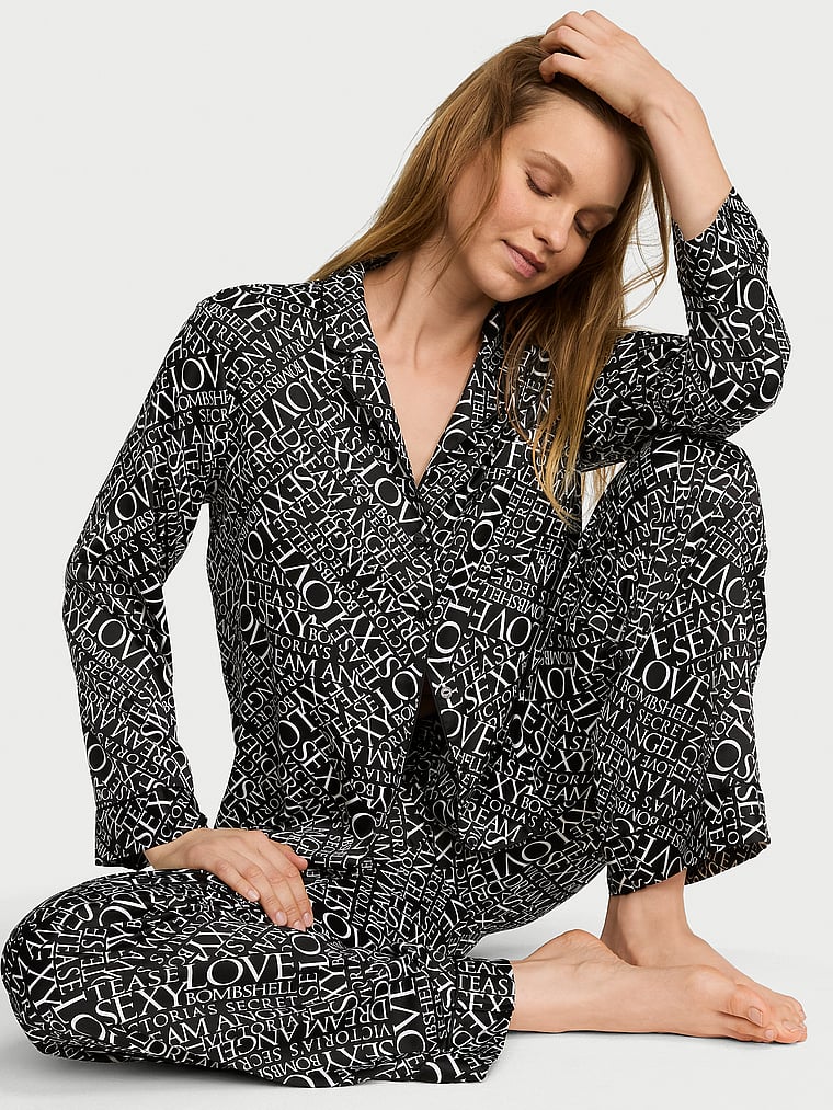 Signature Satin Long Pajama Set - Black & White Newspaper