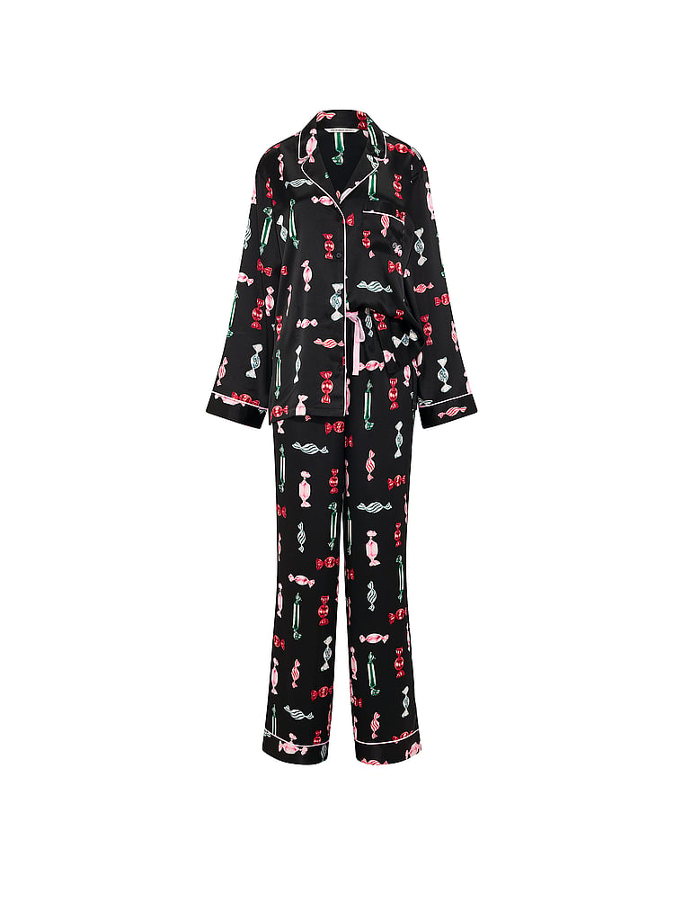 Signature Satin Long Pajama Set - Black Candies