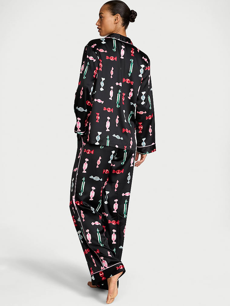 Signature Satin Long Pajama Set - Black Candies
