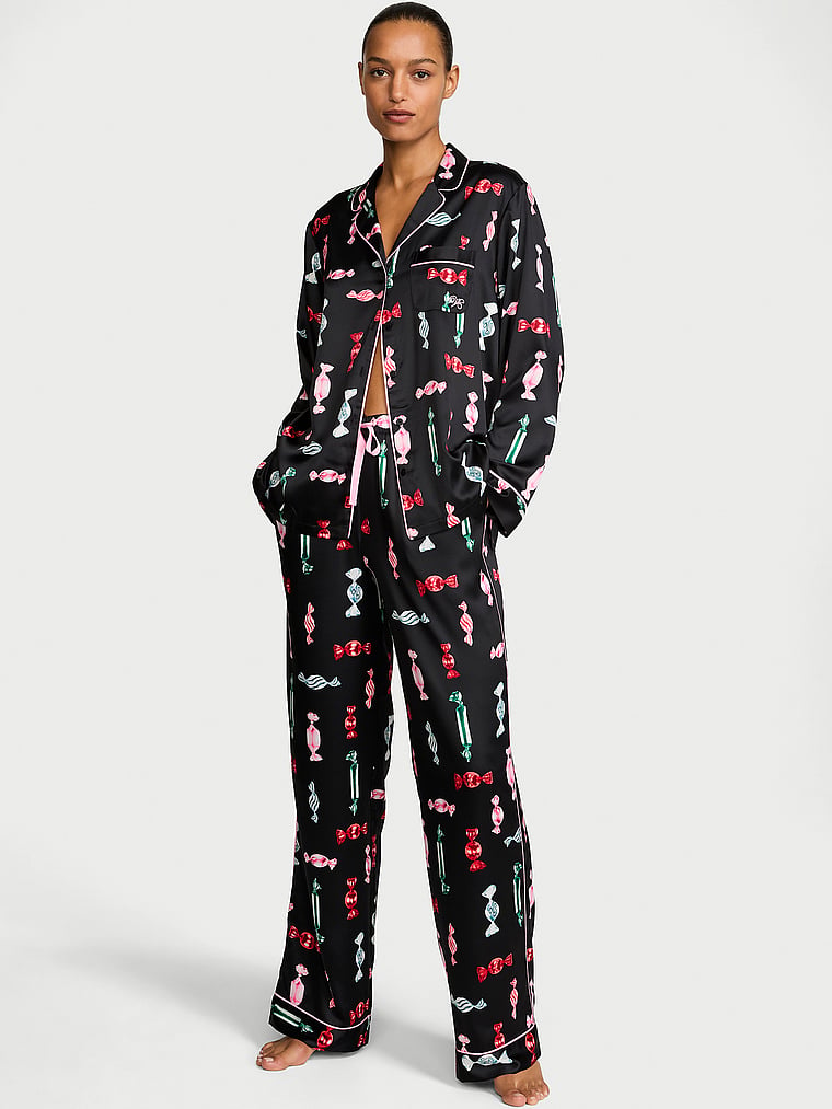 Signature Satin Long Pajama Set - Black Candies