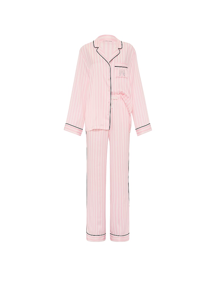 Signature Satin Long Pajama Set - Iconic Pink Stripes