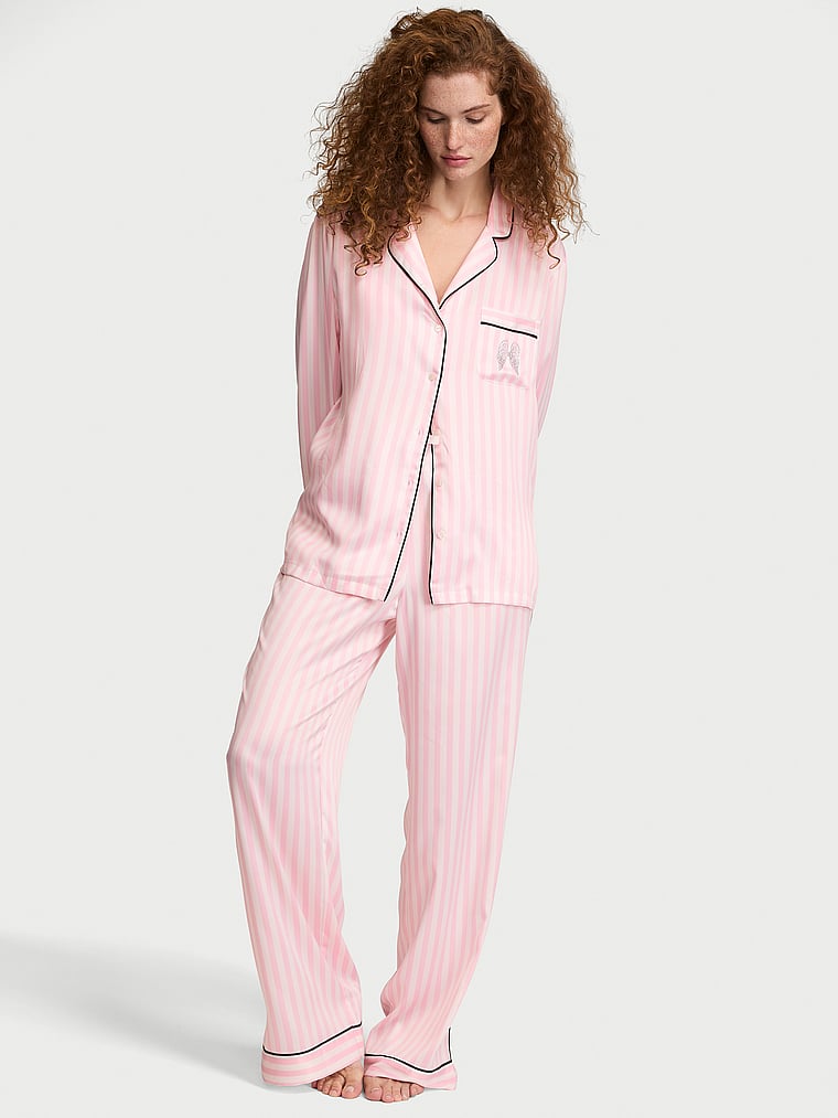 Signature Satin Long Pajama Set - Iconic Pink Stripes