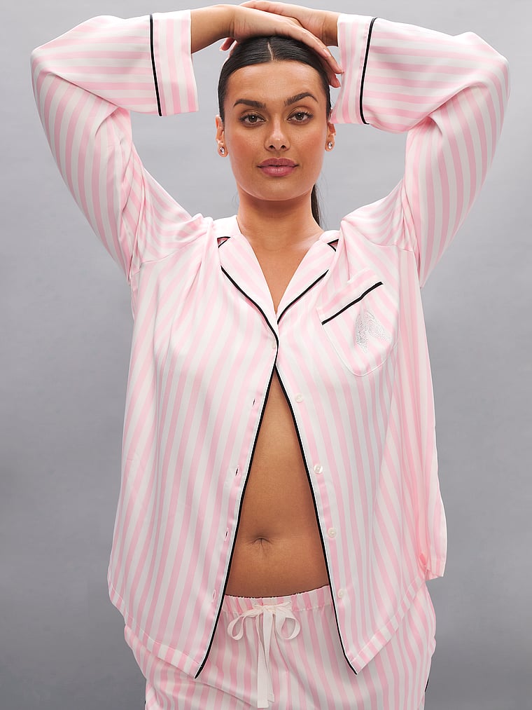 Signature Satin Long Pajama Set - Iconic Pink Stripes