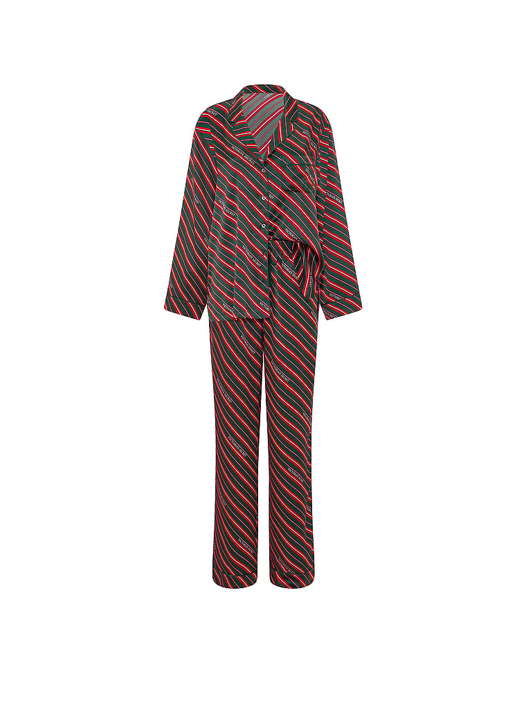 Signature Satin Long Pajama Set - Red Green Diag Candy Cane Stripe Print
