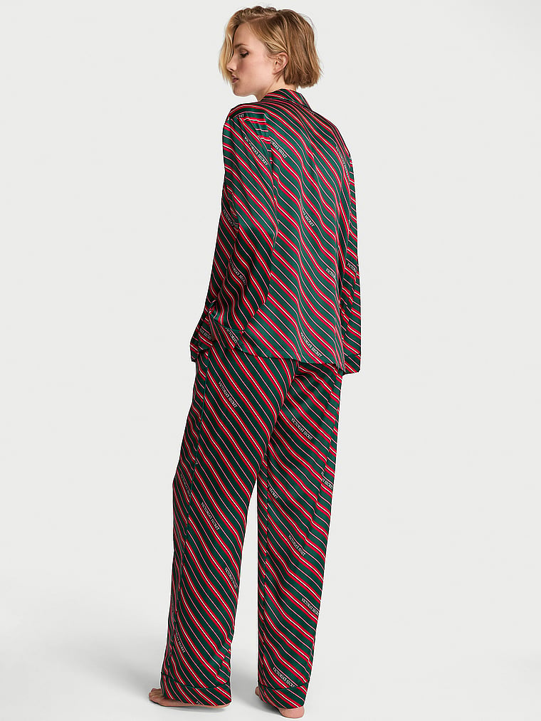 Signature Satin Long Pajama Set - Red Green Diag Candy Cane Stripe Print