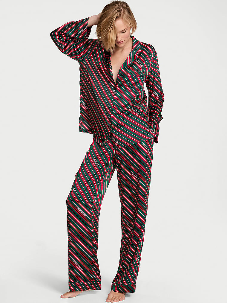 Signature Satin Long Pajama Set - Red Green Diag Candy Cane Stripe Print