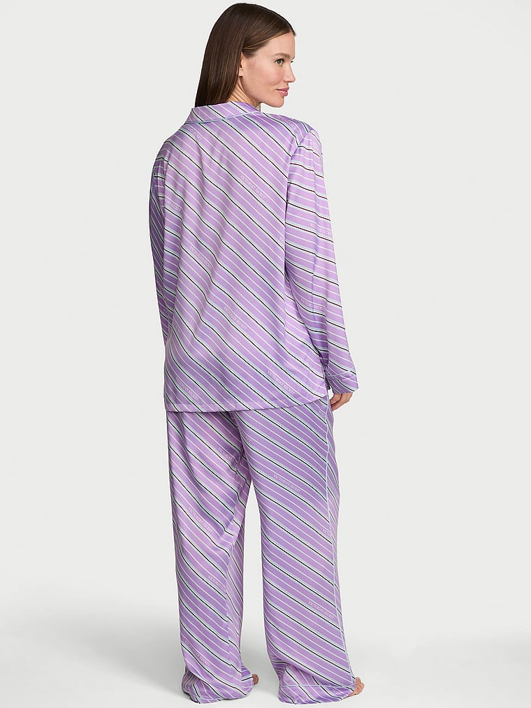 Signature Satin Long Pajama Set - Alluring Lilac Stripes
