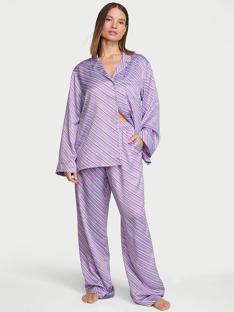 Signature Satin Long Pajama Set - Alluring Lilac Stripes