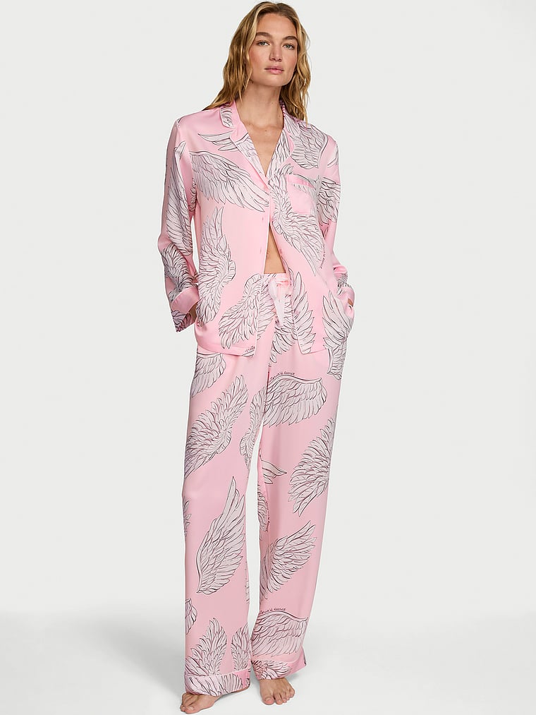 Signature Satin Long Pajama Set - Angel Pink Wings