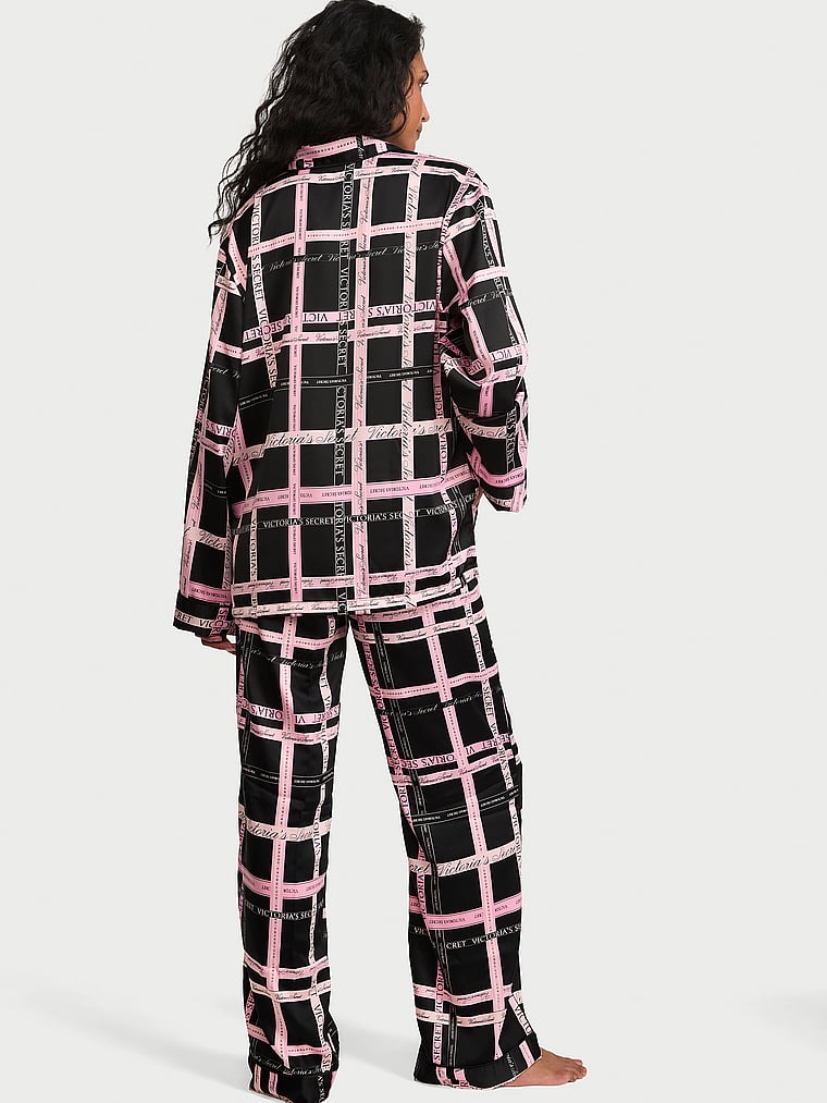 Signature Satin Long Pajama Set - Black Ground Logo Ribbon Plaid Print