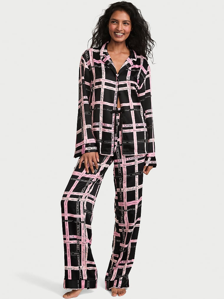 Signature Satin Long Pajama Set - Black Ground Logo Ribbon Plaid Print