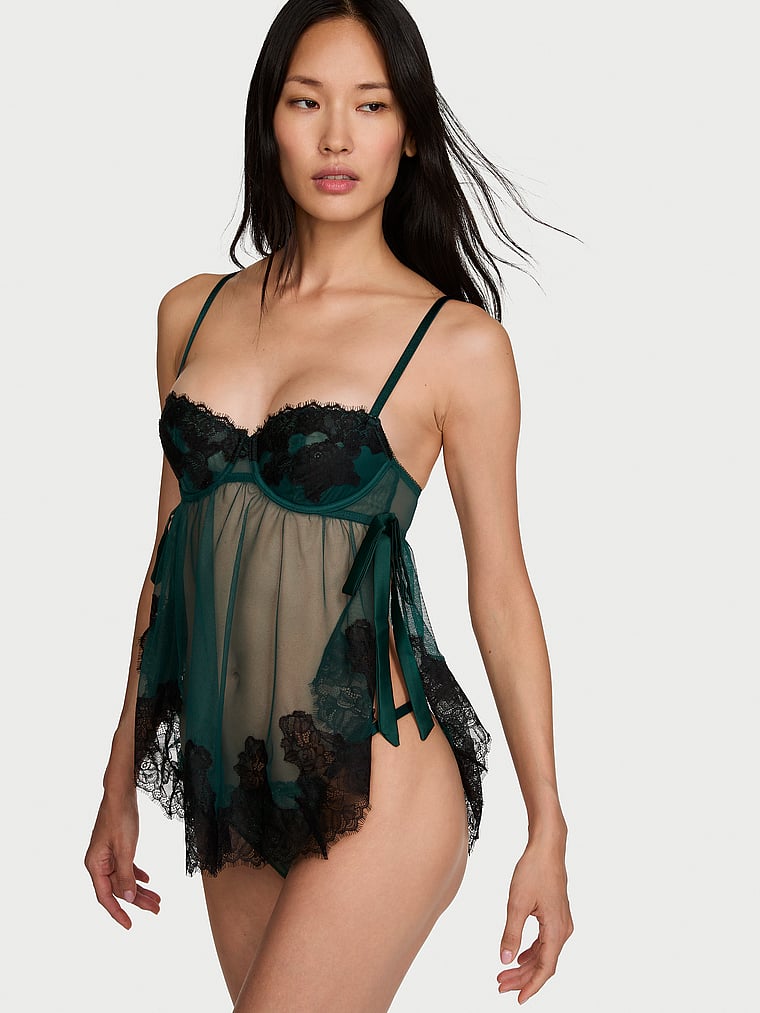 Wicked Sheer Unlined Lace-Trim Babydoll Set