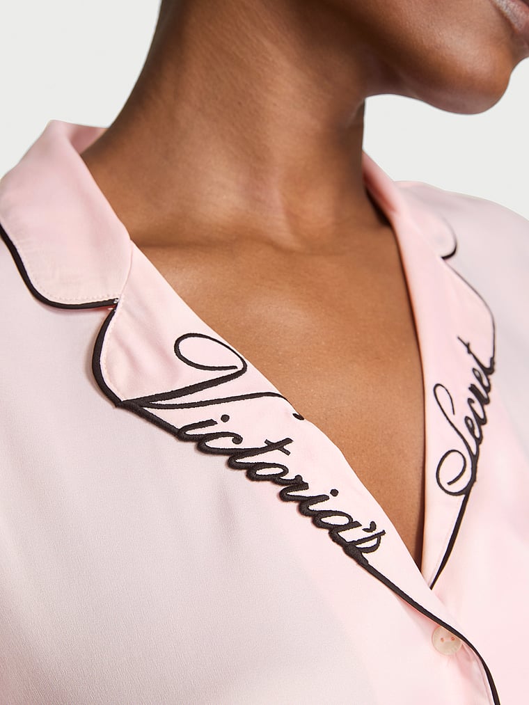 Signature Satin Short Pajama Set - Angel Pink W Collar Embroidery