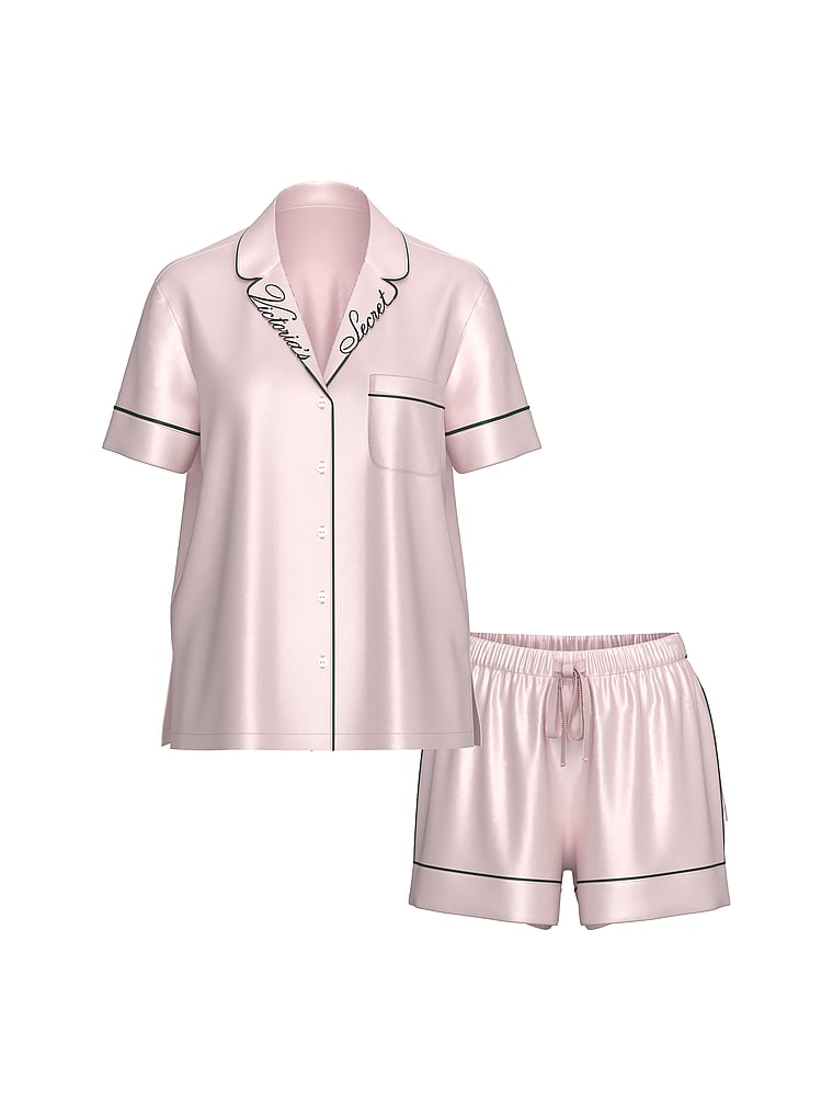 Signature Satin Short Pajama Set - Angel Pink W Collar Embroidery