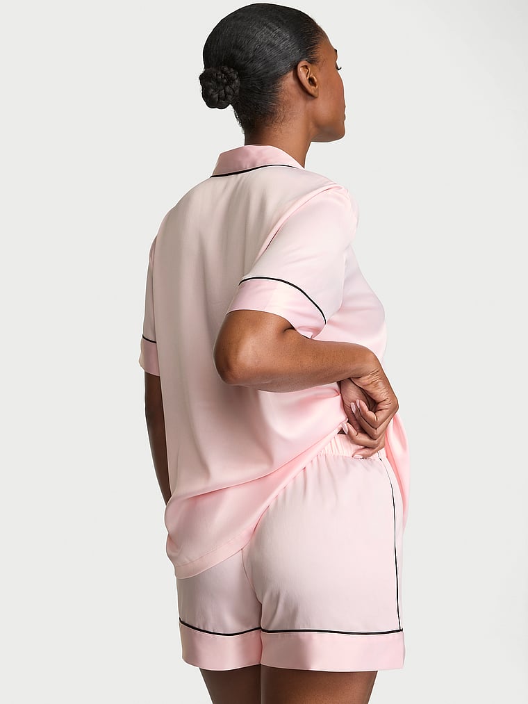 Signature Satin Short Pajama Set - Angel Pink W Collar Embroidery