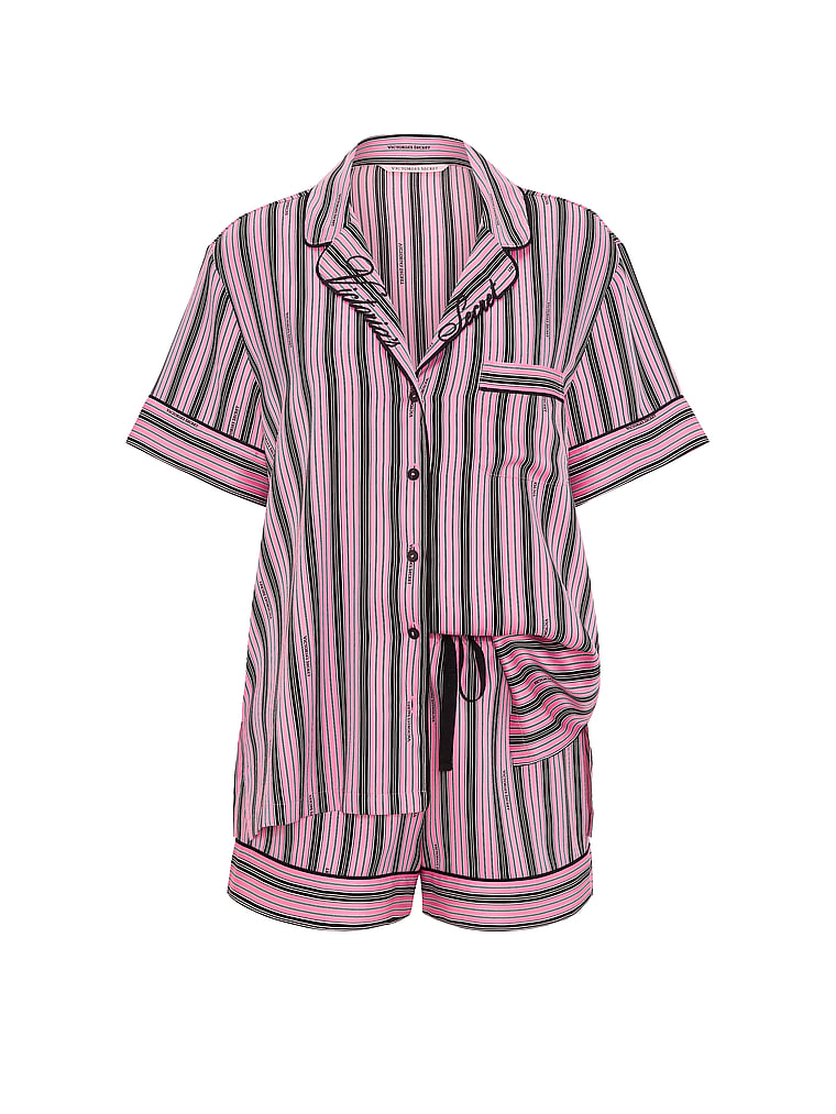 Signature Satin Short Pajama Set - Sexy Little Pink & Black Stripes