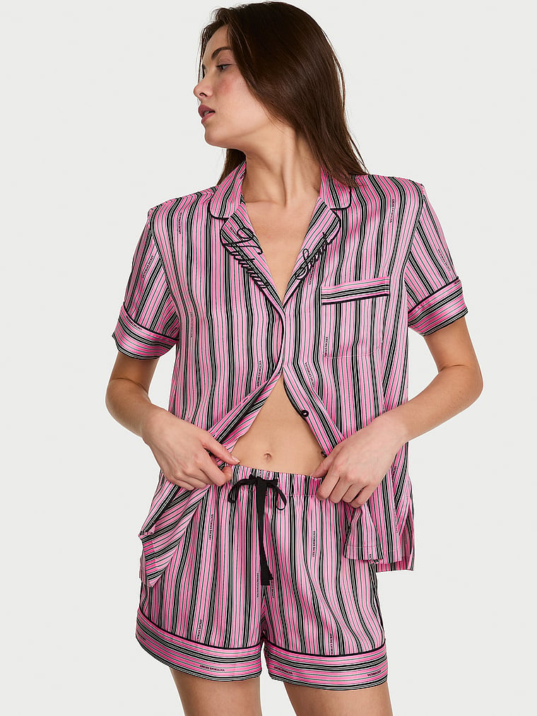 Signature Satin Short Pajama Set - Sexy Little Pink & Black Stripes