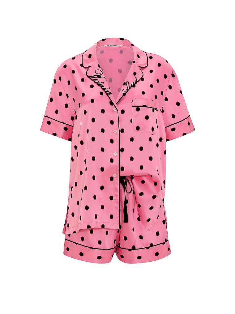 Signature Satin Short Pajama Set - Sexy Little Pink Ikat Dots