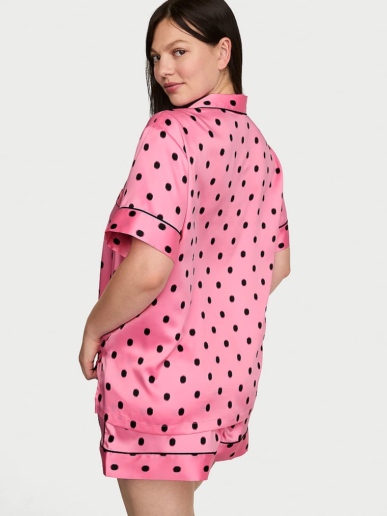 Signature Satin Short Pajama Set - Sexy Little Pink Ikat Dots