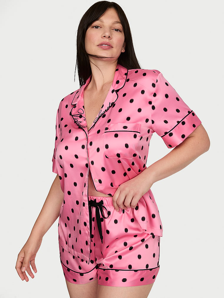 Signature Satin Short Pajama Set - Sexy Little Pink Ikat Dots
