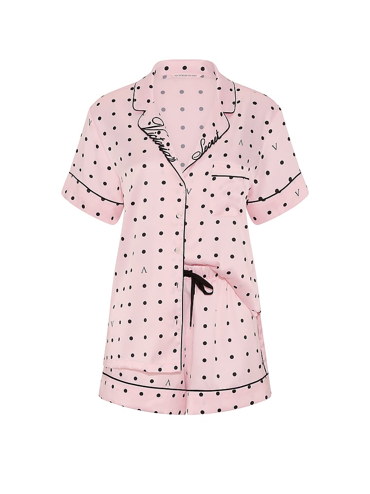 Signature Satin Short Pajama Set - Angel Pink & Black Dots
