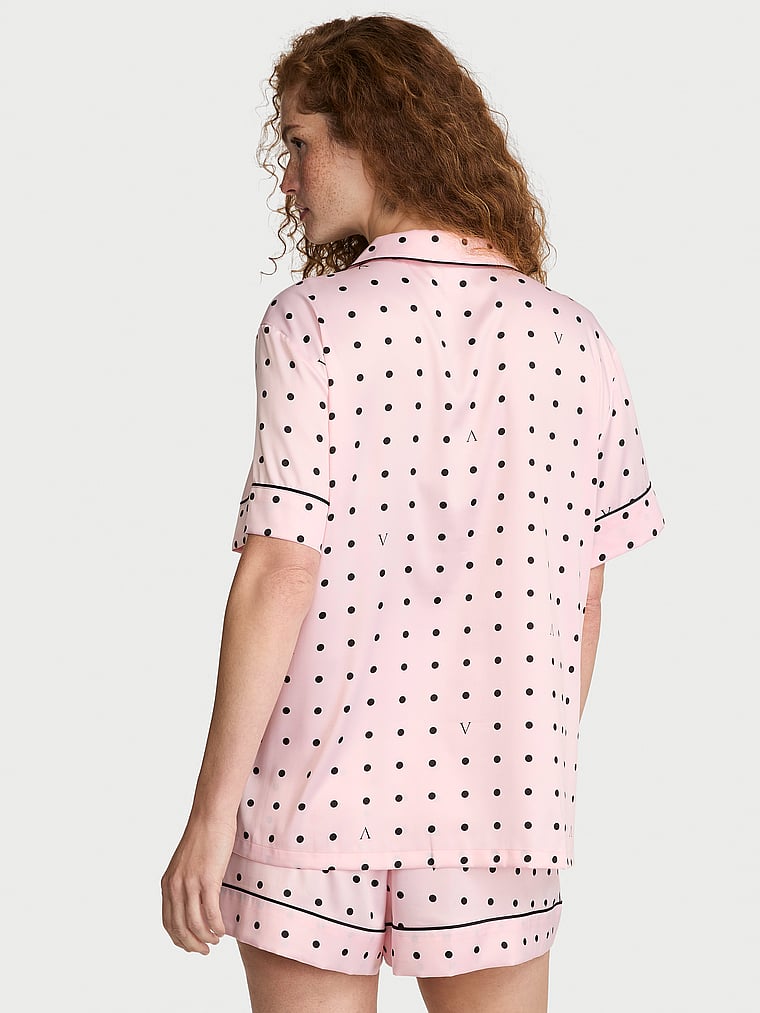 Signature Satin Short Pajama Set - Angel Pink & Black Dots