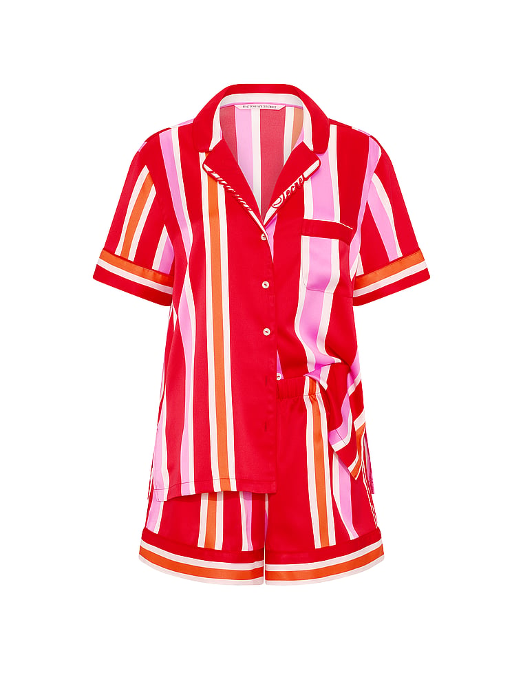 Signature Satin Short Pajama Set - Kiss Kiss Red Mixed Stripes