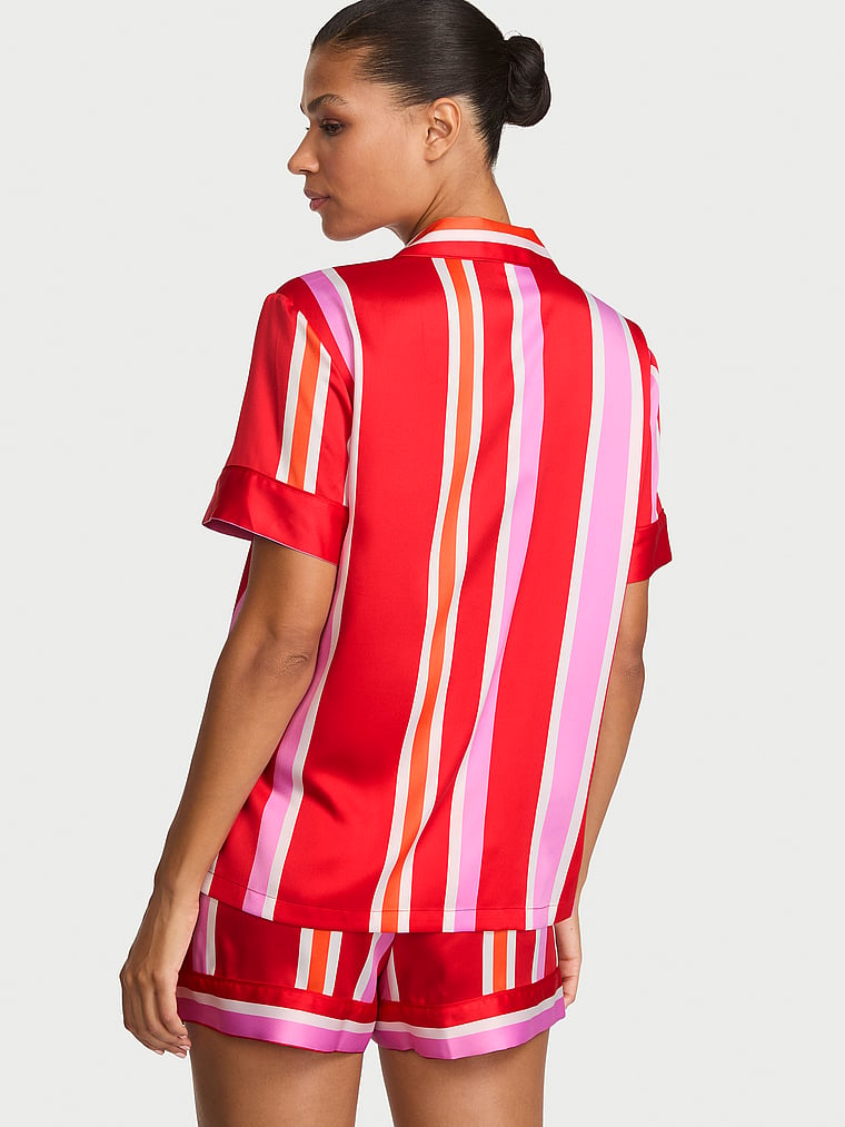 Signature Satin Short Pajama Set - Kiss Kiss Red Mixed Stripes