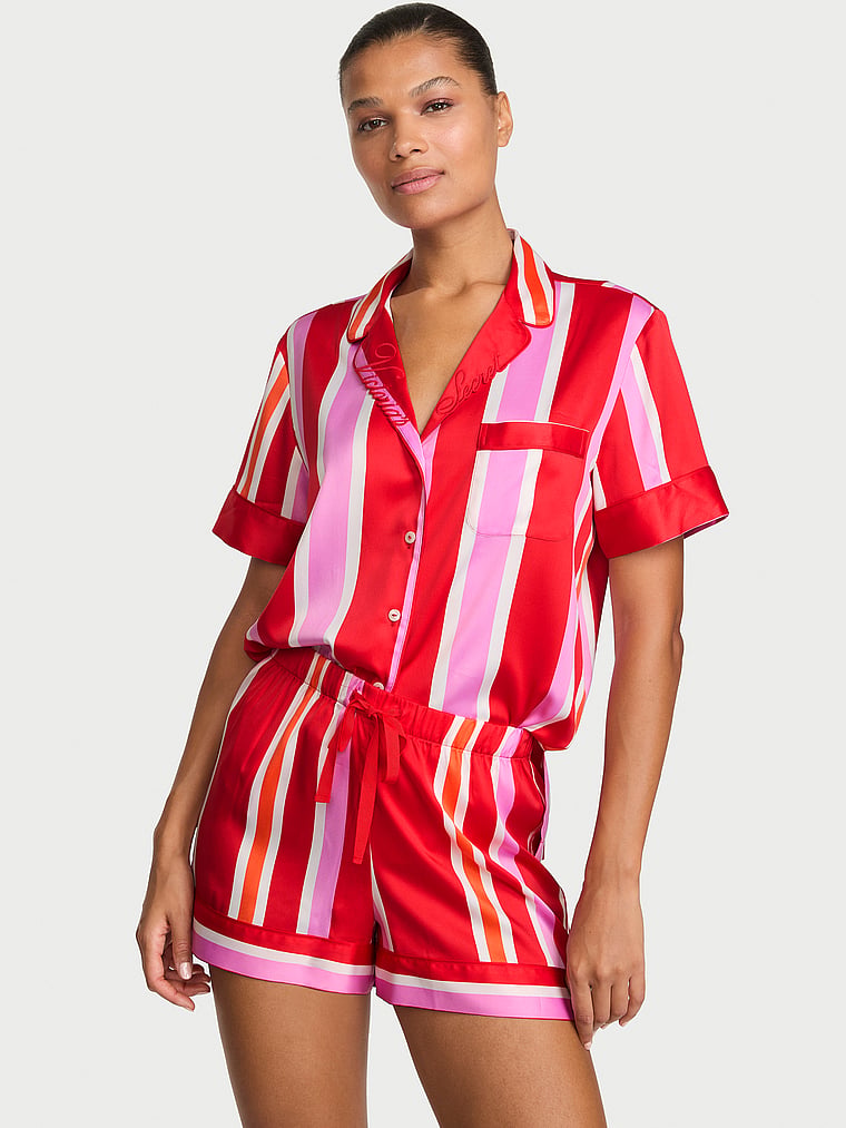 Signature Satin Short Pajama Set - Kiss Kiss Red Mixed Stripes