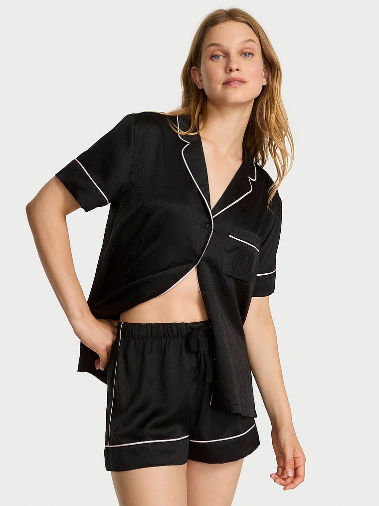 Signature Satin Short Pajama Set - Black
