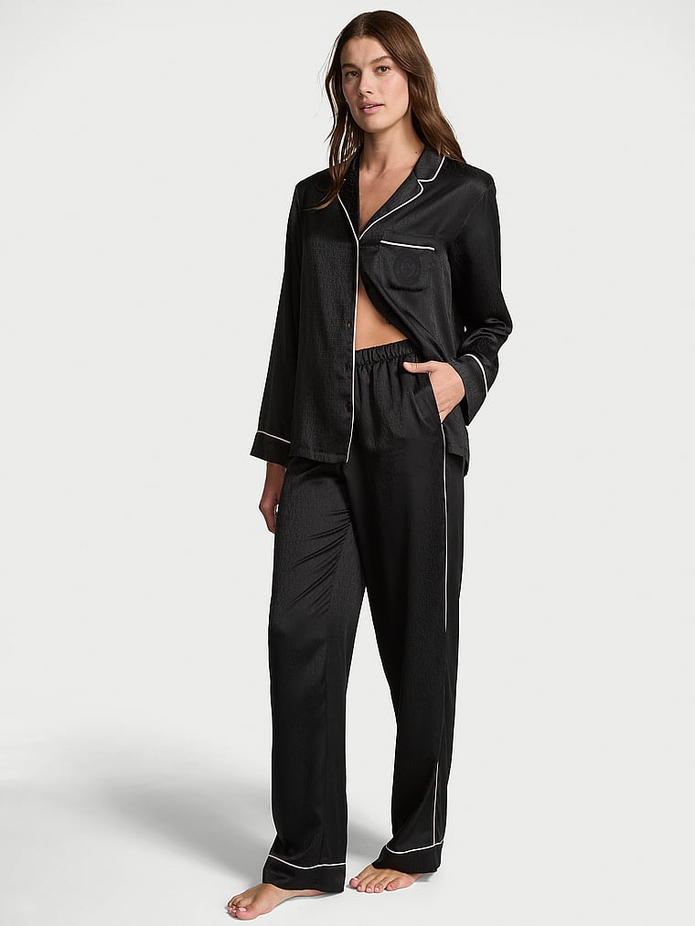 Signature Satin Long Pajama Set - Black