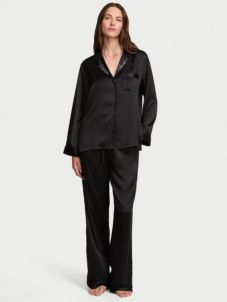 Signature Satin Long Pajama Set - Shine Black