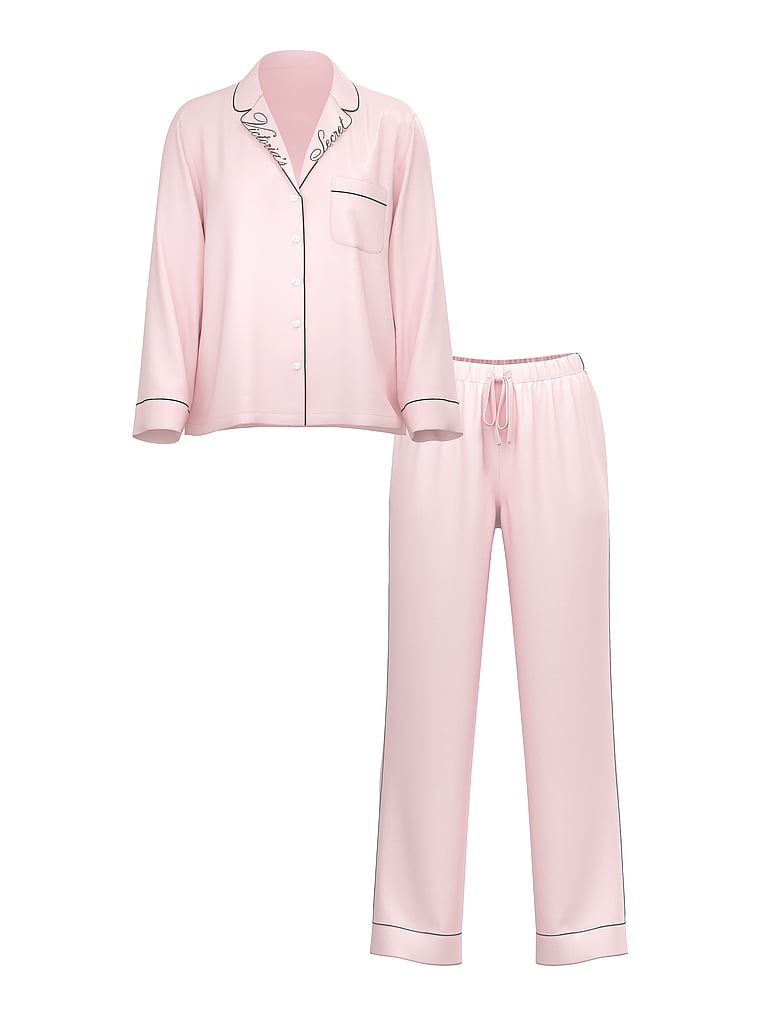 Signature Satin Long Pajama Set - Angel Pink W Collar Embroidery