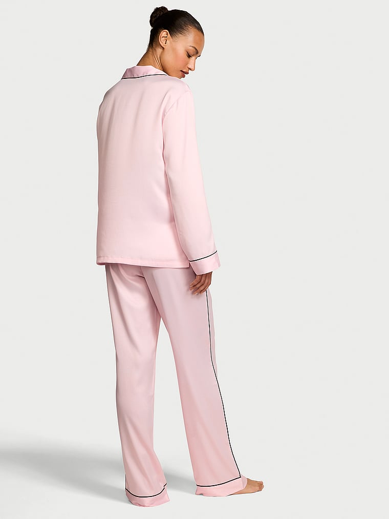 Signature Satin Long Pajama Set - Angel Pink W Collar Embroidery