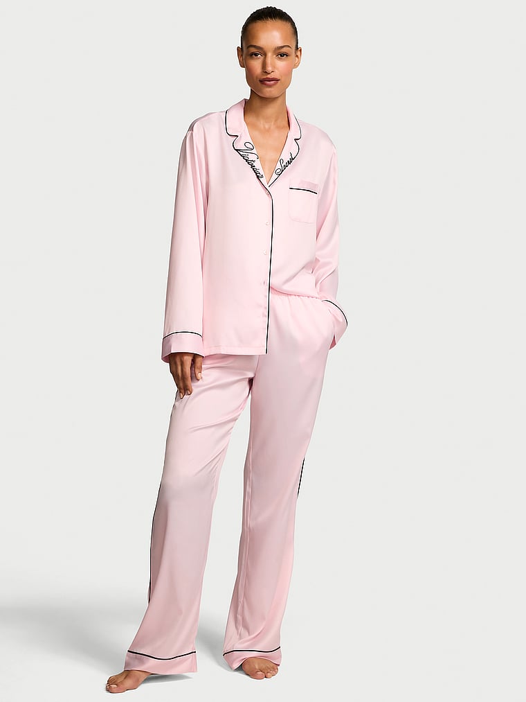 Signature Satin Long Pajama Set - Angel Pink W Collar Embroidery