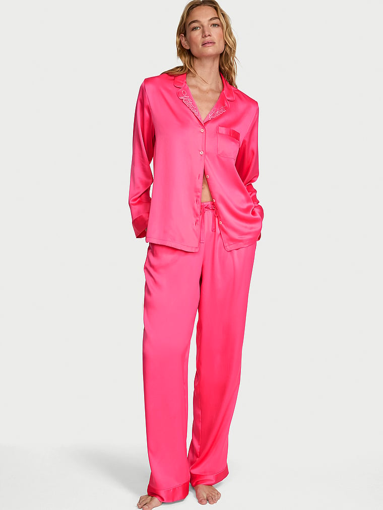 Signature Satin Long Pajama Set - Bombshell Pink
