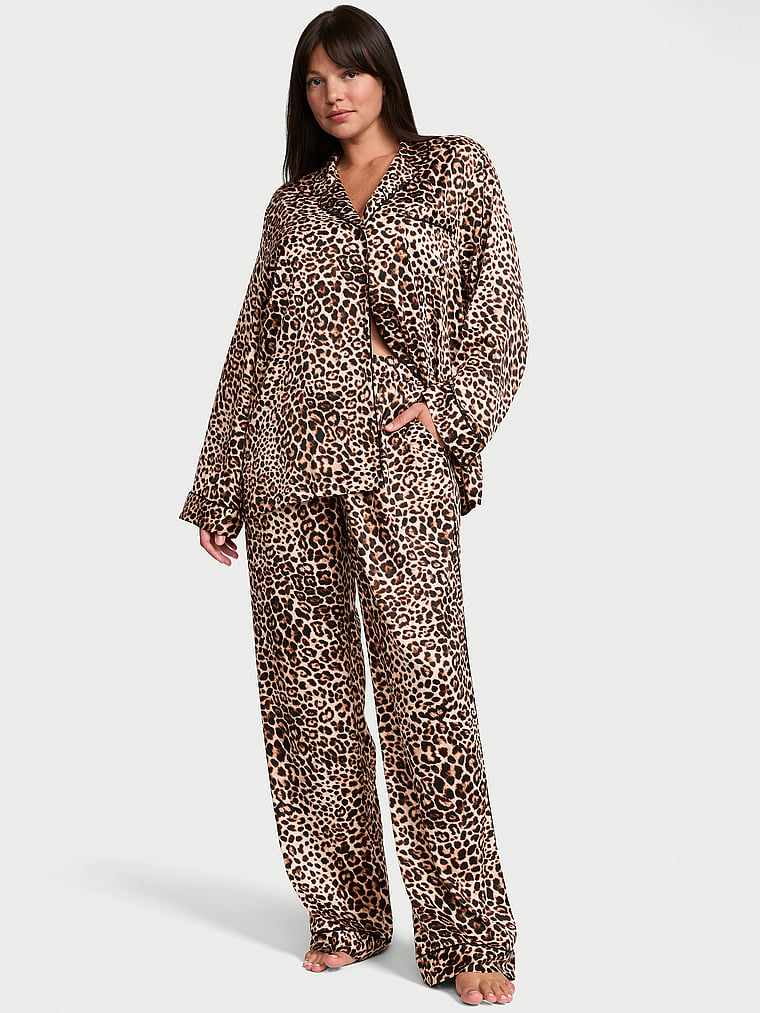 Signature Satin Long Pajama Set - Vintage Tan Leopard