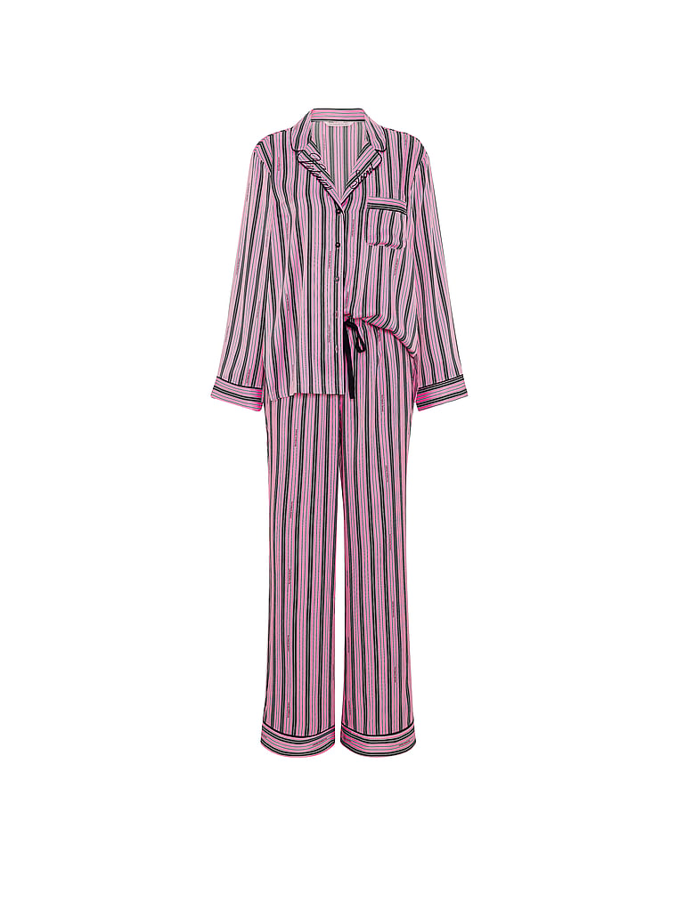 Signature Satin Long Pajama Set - Sexy Little Pink & Black Stripes