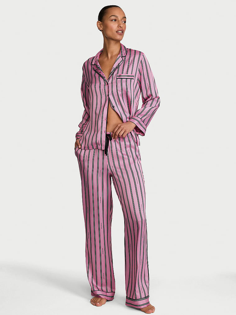Signature Satin Long Pajama Set - Sexy Little Pink & Black Stripes
