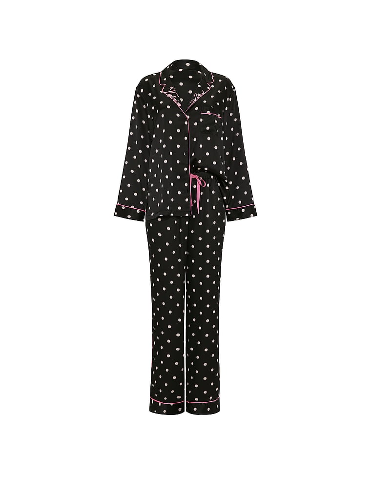 Signature Satin Long Pajama Set - Black Ikat Dots
