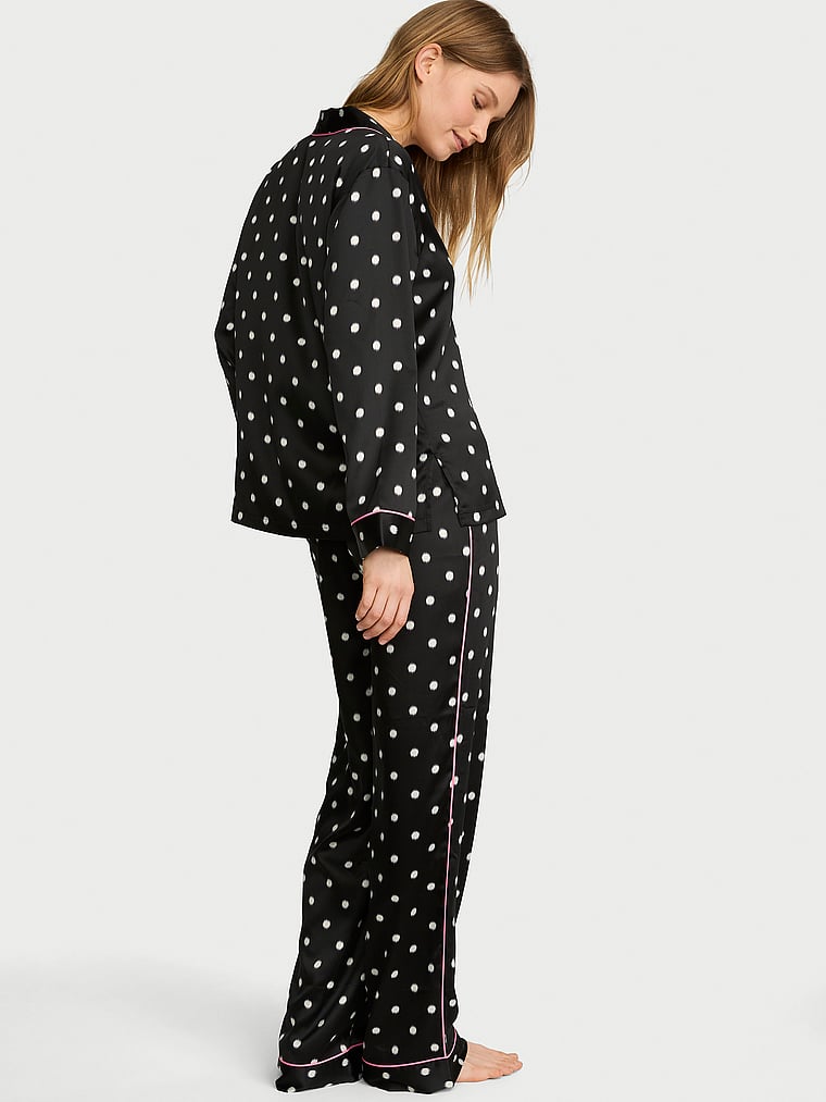 Signature Satin Long Pajama Set - Black Ikat Dots