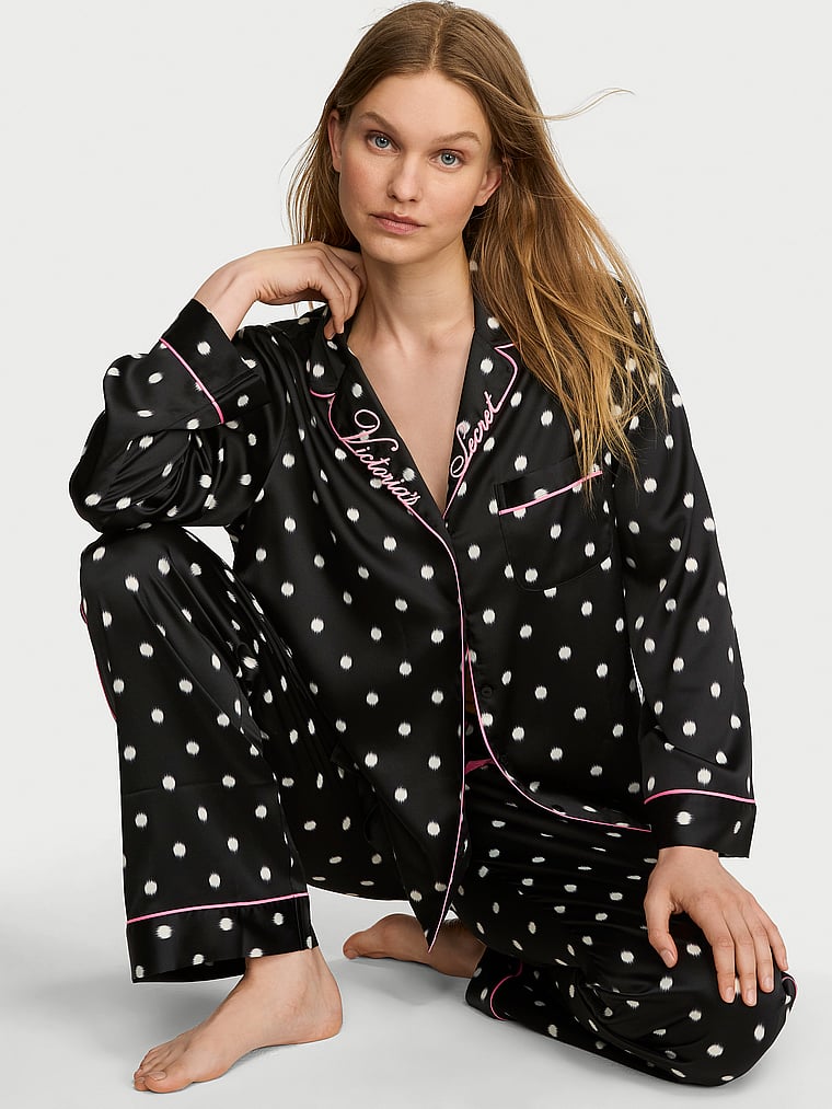 Signature Satin Long Pajama Set - Black Ikat Dots