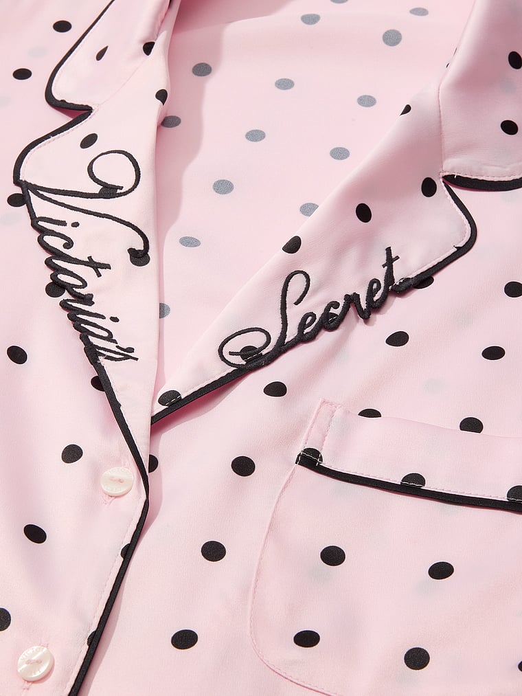 Signature Satin Long Pajama Set - Angel Pink & Black Dots