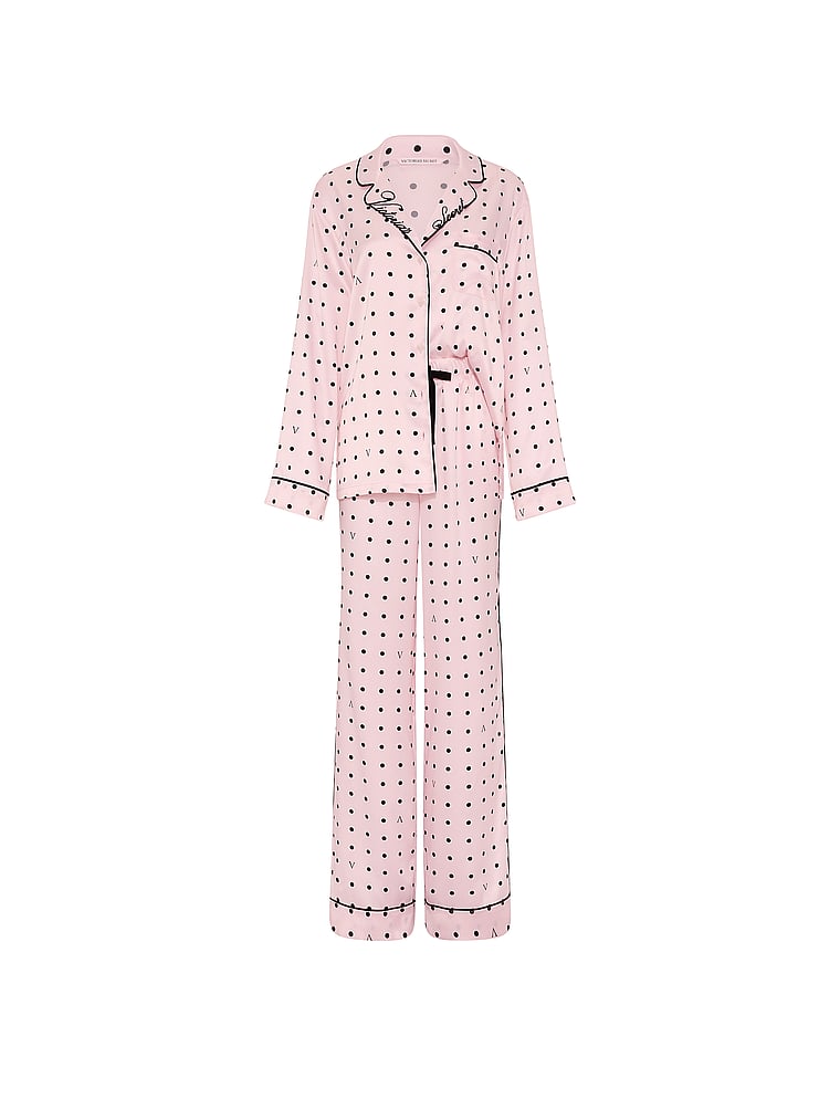 Signature Satin Long Pajama Set - Angel Pink & Black Dots
